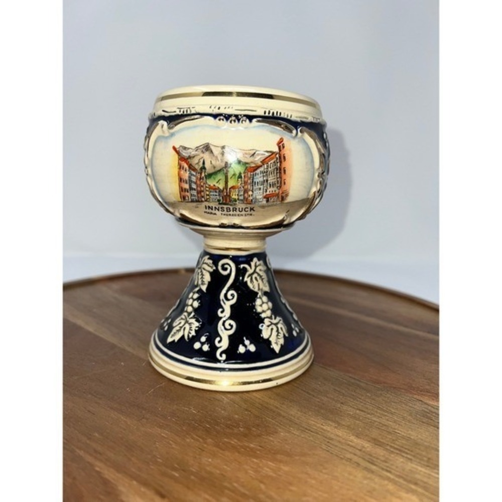 Vintage Innsbruck Ceramic Goblet Souvenir Wine‎ Cup with Grape Vine Motif